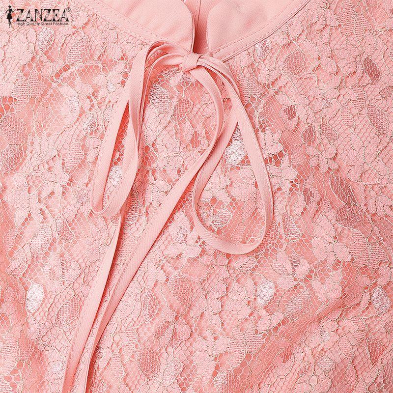 ZANZEA Women Casual Stand Collar Loose Long Sleeve Patchwork Lace Dress