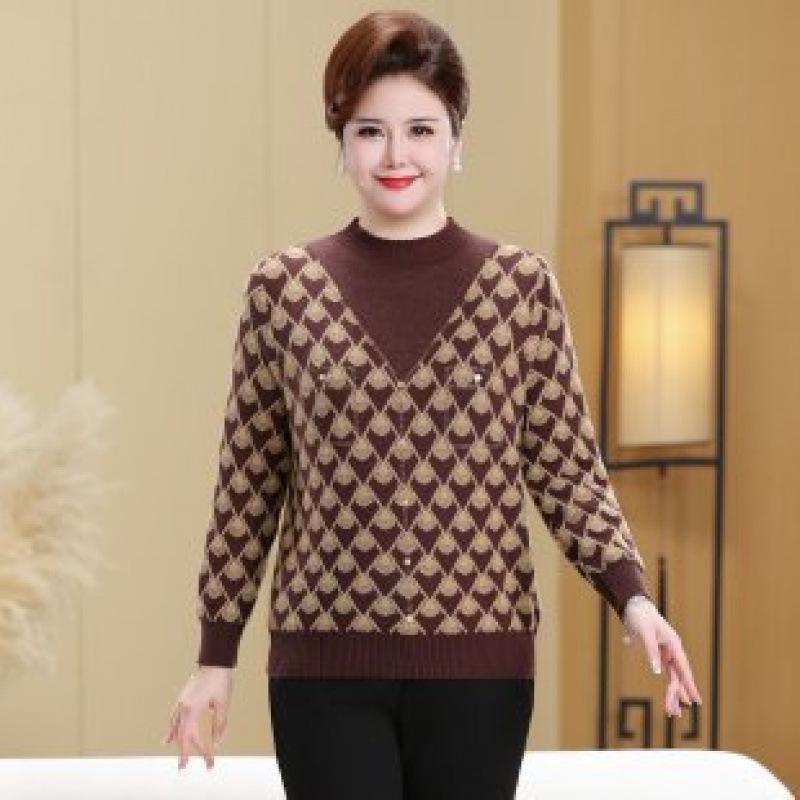 

Plus Size Warm Knit Pullover for Women - Autumn/Winter Round Neck Sweater for Middle-aged & Elderly 6XL (175-190 jin) коричневый/кофейный