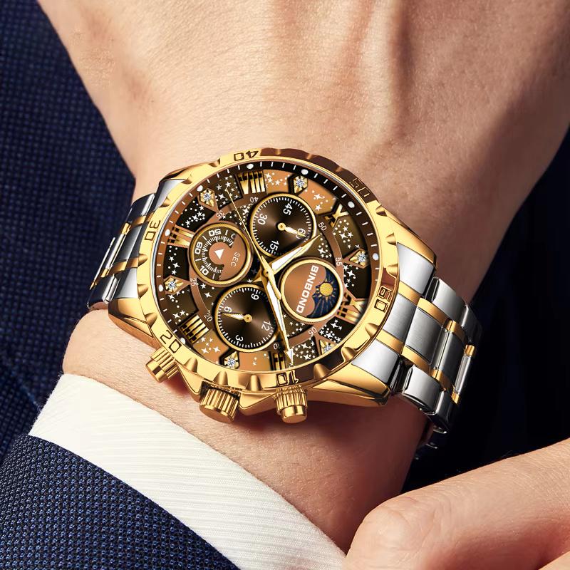 BINBOND Luxury Fashion Men Watches Multi-functional Stainless Steel Original Quartz Wristwatch Moon Phase Chronograph Waterproof
