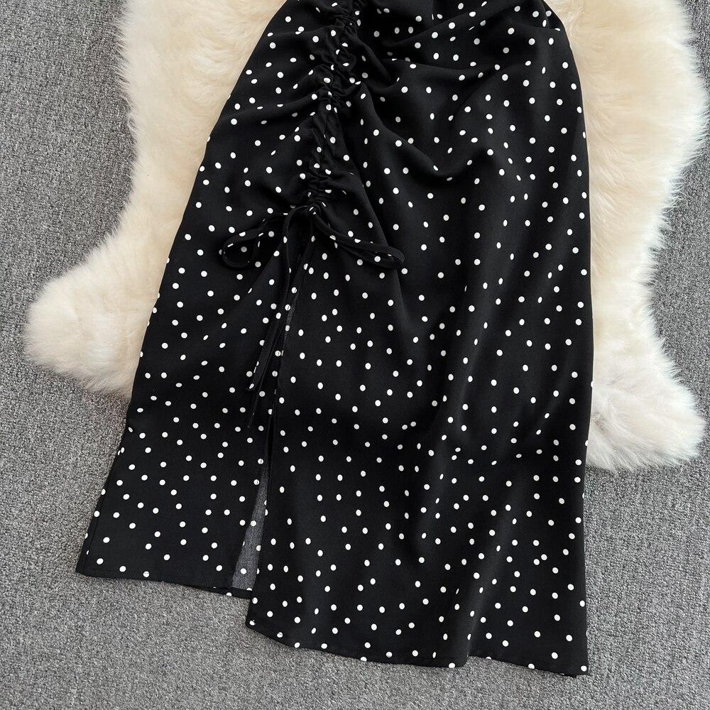 Seaside Holiday Backless Super Sexy Square Collar Slim-fitting Sleeved Mid-length Split Dot Dress