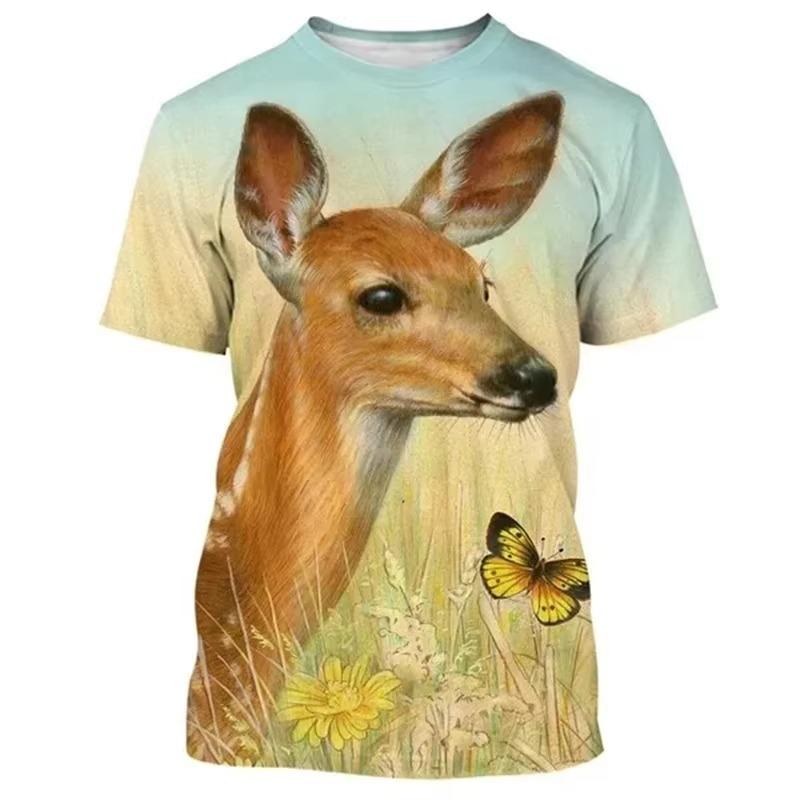 Hirsch 3D-Druck T-Shirt Lustige Tierjagd Grafik Kurzarm Rundhals T-Shirt Herren Outdoor Trend Persönlichkeit Tees