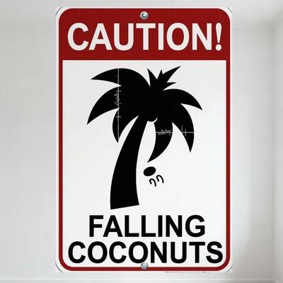 Vorsicht Herabfallende Kokosnüsse Palme Roter Rand Weißer Hintergrund Metallblechschild Vintage Warnschild für Heimbar Man Cave Dekoration
