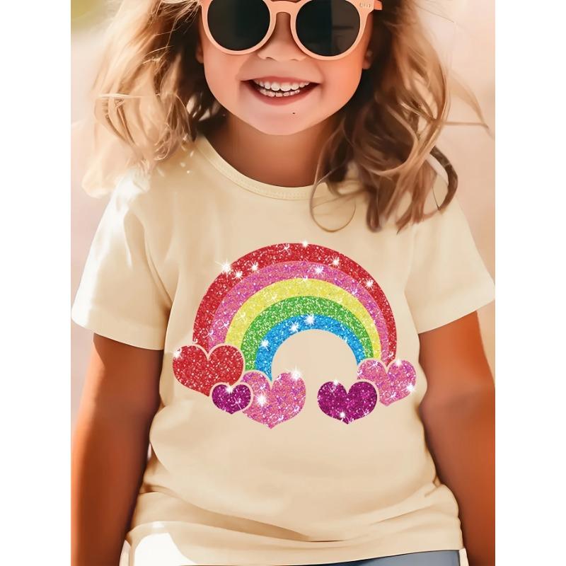 2026 Summer Fashion Girls' Pure Cotton Round Neck Short Sleeve Rainbow Heart Print T-Shirt Casual Versatile Top Trendy Clothing