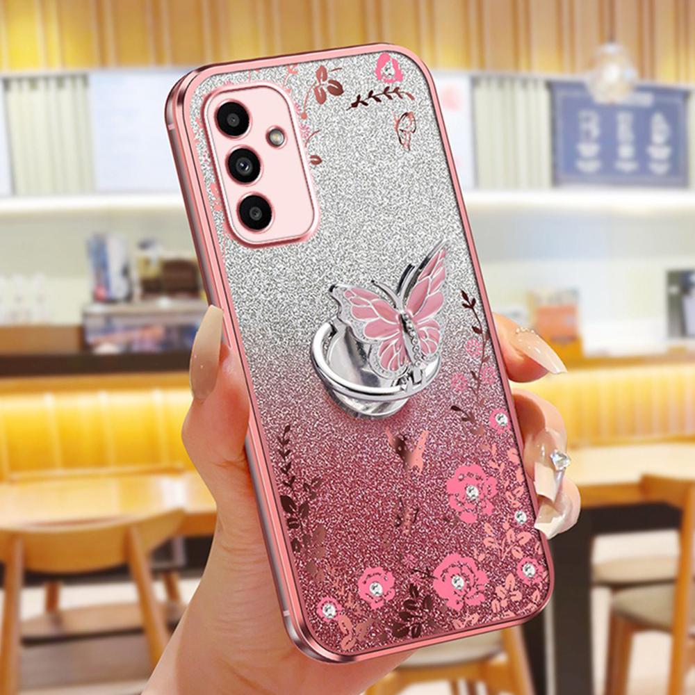 

Чехол для Samsung Galaxy A55 5G с подставкой-бабочкой, блестящий чехол из ТПУ для телефона с цветочным узором Pink