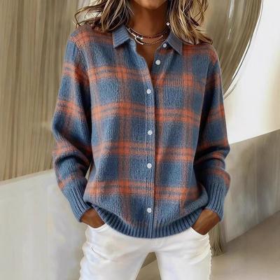 Blue and Orange Checkered Cardigan with Button Front and Ribbed Hem