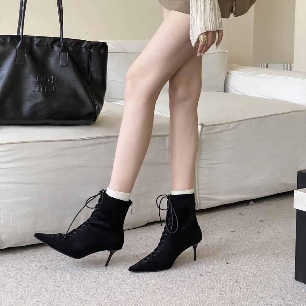 2025 autumn and winter new European and American pointed head thin heel high heel temperament French fashion sexy beautiful suede women's short boots