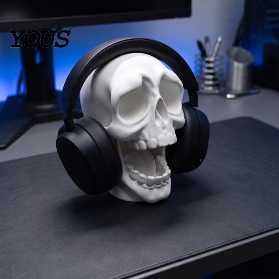 Gothic Desktop Decor 3D Printed Open Mouth Skull Headphone Stand, Skeleton Organizer for Men Organizer, DIY Paintable Ornament Gaming Room