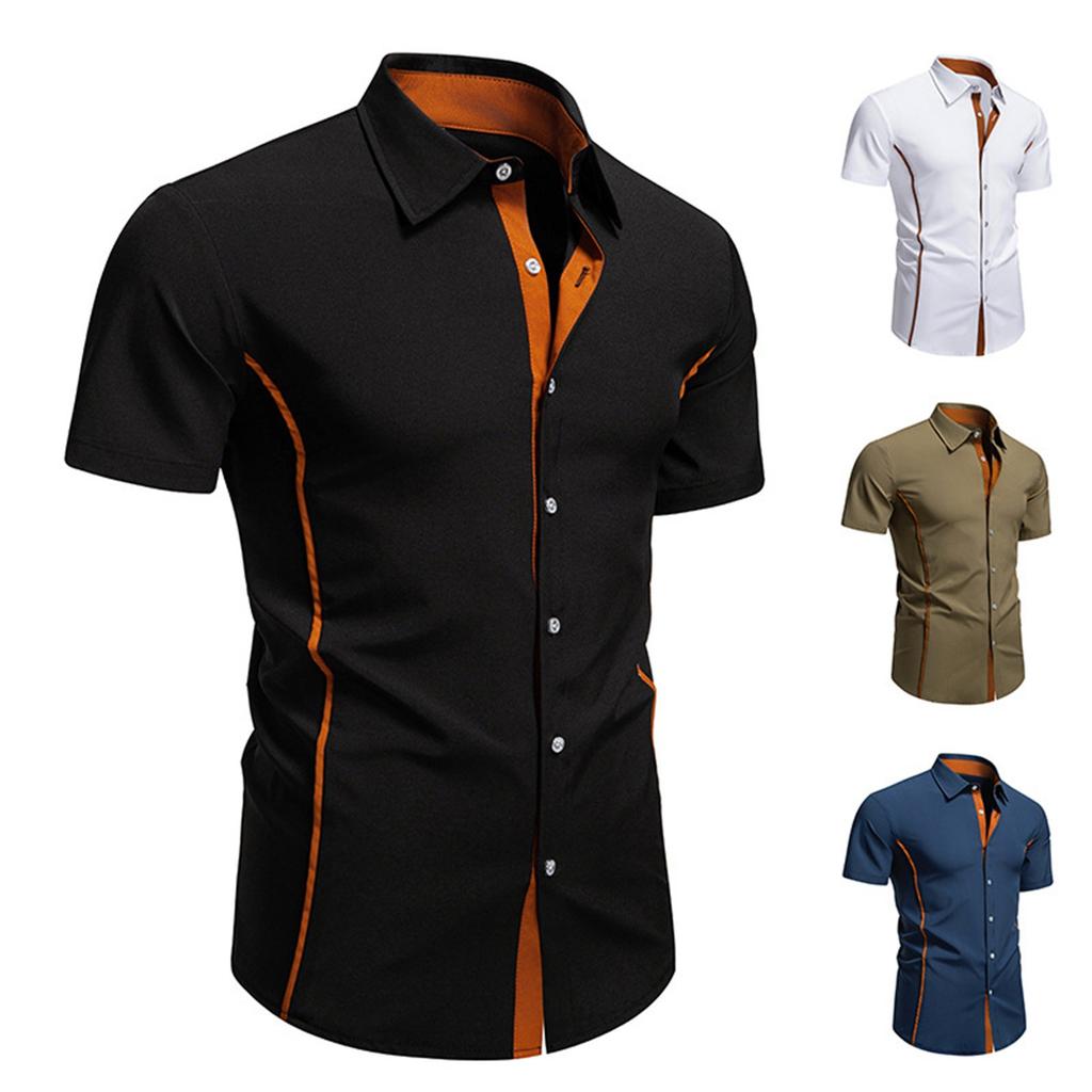 Camisa Masculina Casual Fashion Color Block Manga Curta Single Breasted Lapela