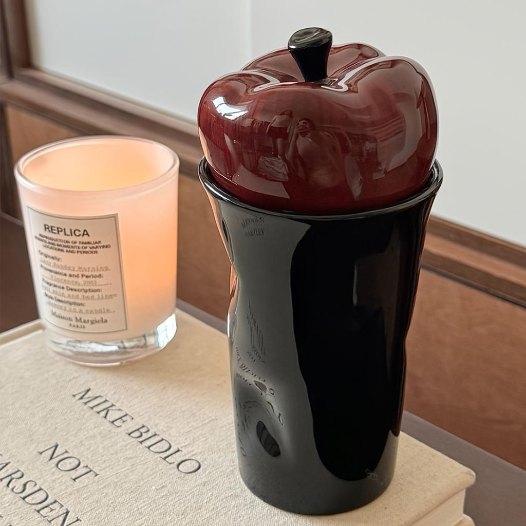 Apple Shaped Ceramic Coffee Mug with Lid , Heat Resistant, Non-Slip, Reusable, Hand Wash Only, Round Fruit Pattern