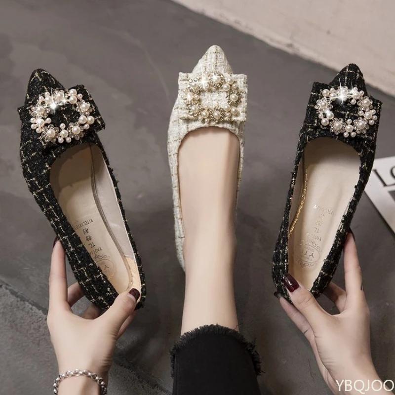 Mote Perle rund spenne enkel sko Mote rutete Dame Flats Nye spisse sko med lav munn Casual komfortable dameflats Mujer