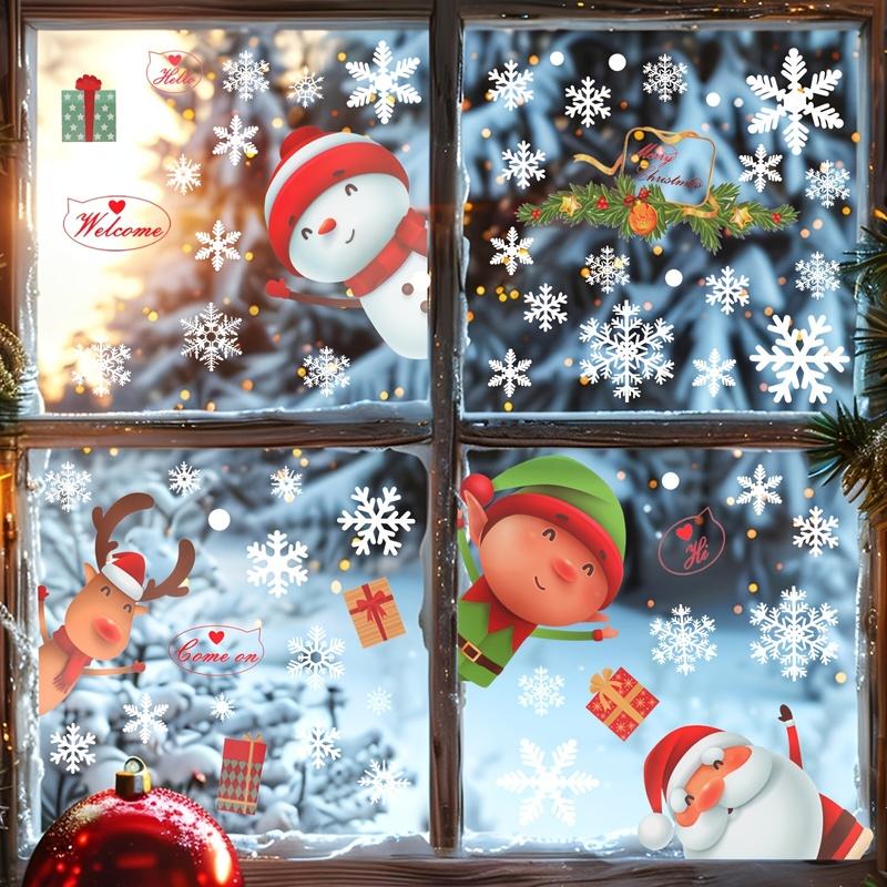 1Set Christmas Snowflake Window Clings Stickers For Glass, Xmas Decals Decorations Holiday Snowflake Santa Claus Reindeer Decals