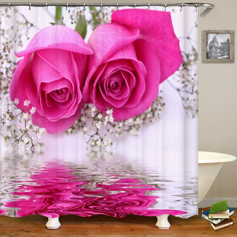 3D Rose Flower Shower Curtain Set Non-Slip Rugs Bath Mat Toilet Lid Cover and 12 Hooks Waterproof Polyester Bathroom Decor