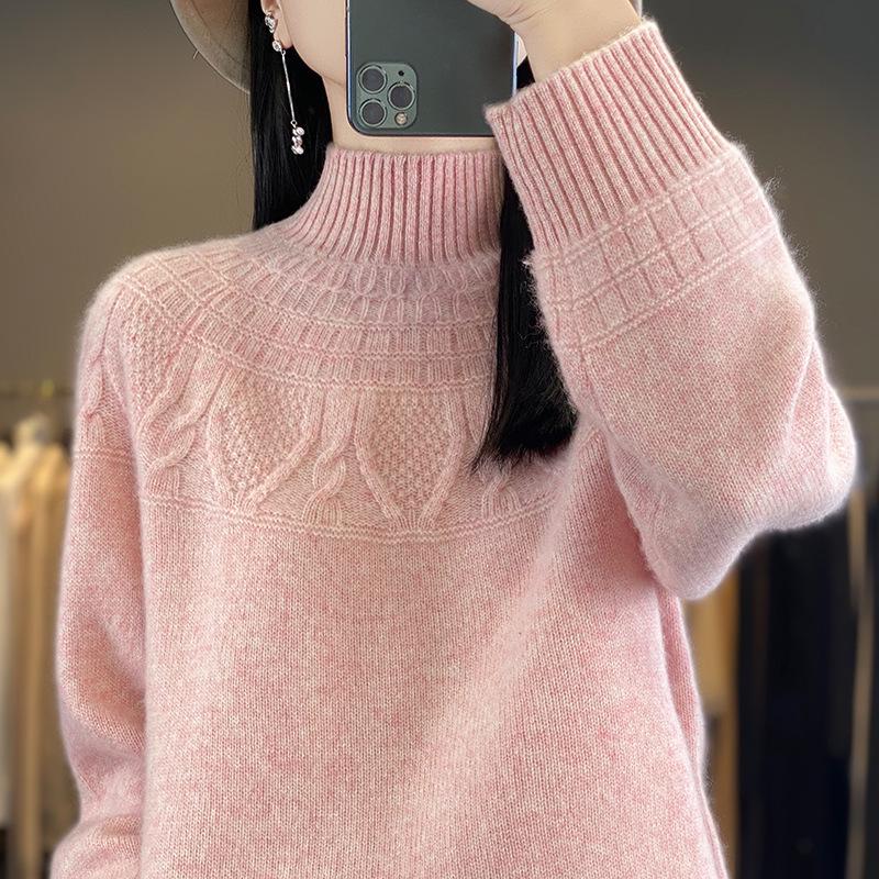 Women's Cashmere Sweater, 100% Wool, Semi-High Neck, Loose Fit, Perfect for Autumn and Winter.