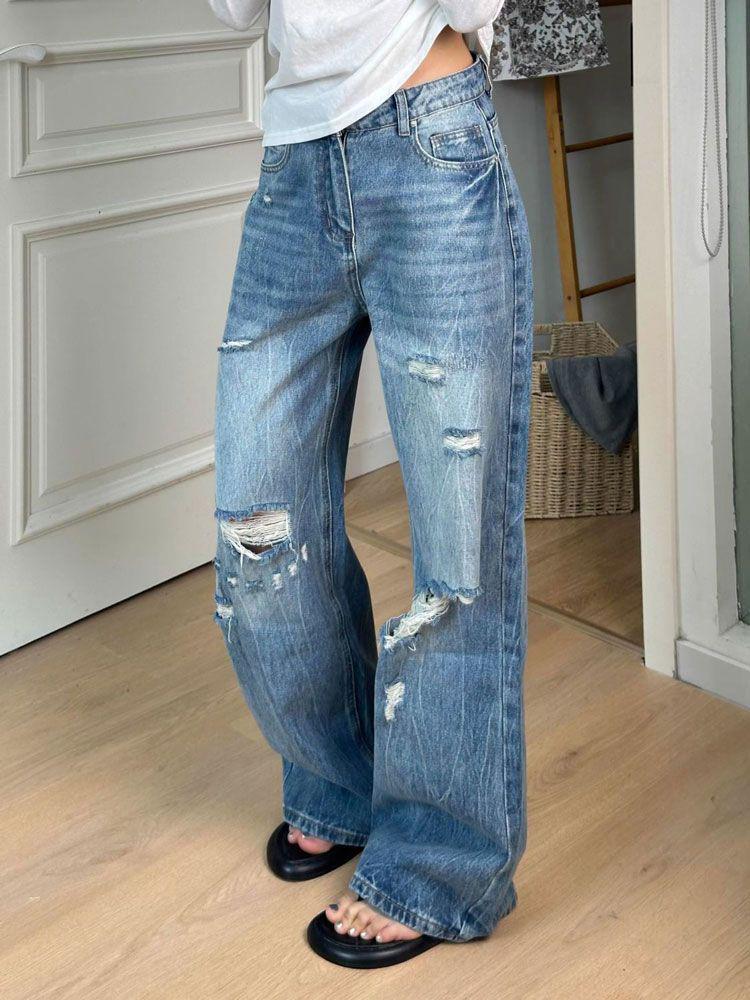 Plus Size Women's High-Waist Ripped Straight-Leg Jeans 2025 - Stylish Washed Wide-Leg Pants
