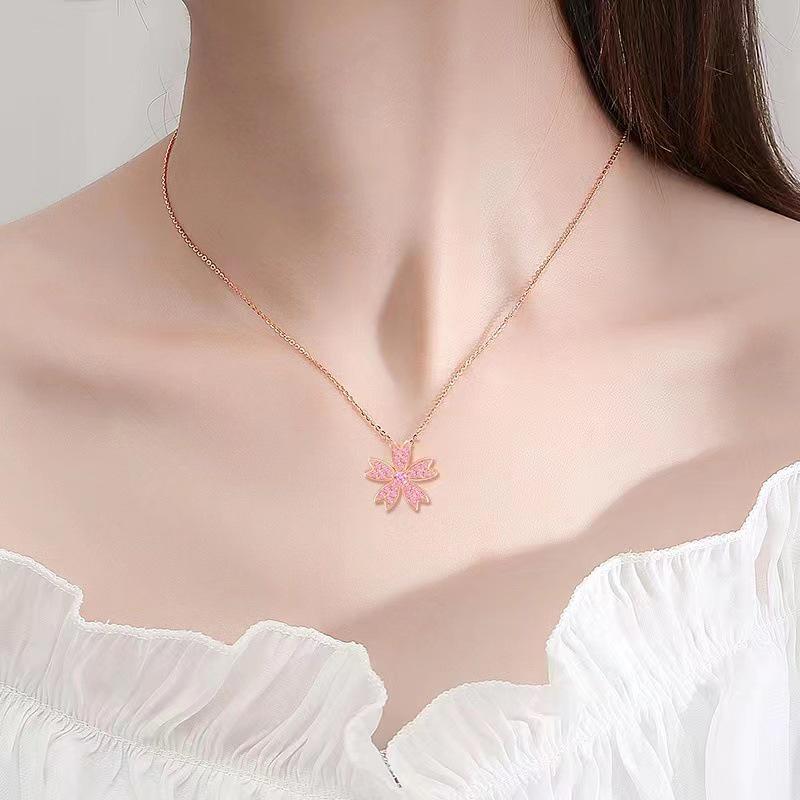 Stylish Cherry Blossom Zircon Pendant Necklace for Women – Romantic Clavicle Accessory