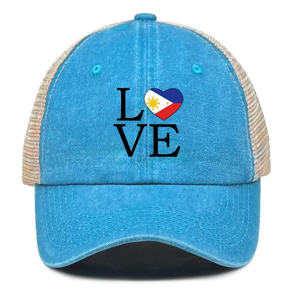 LOVE" Philippine Flag Print Snapback Mesh Cap, Patriotic Man's Cap Distressed Vintage-Inspired Inelastic Simple Adjustable Trucker Hat