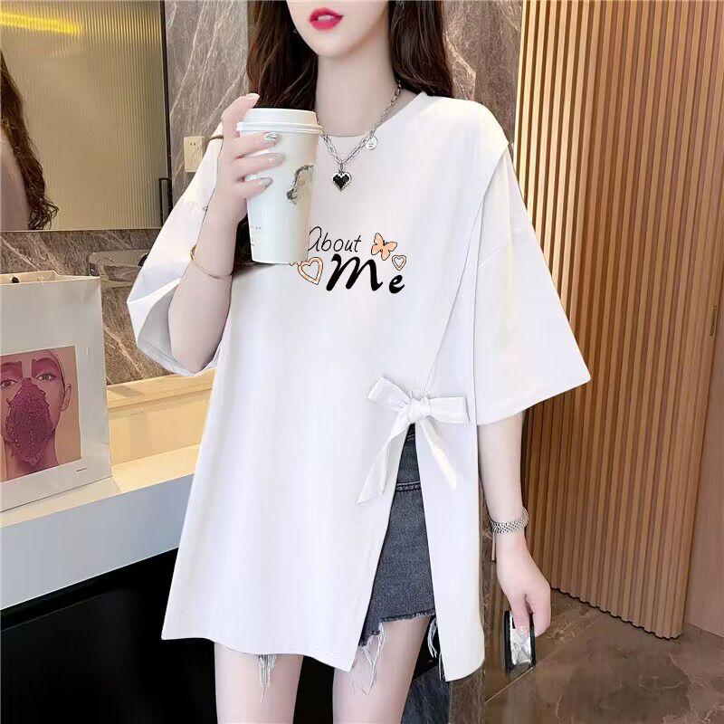 

Корейский стиль Повседневные футболки с коротким рукавом с буквенным принтом Женские летние футболки свободного кроя с бантами XXL белый