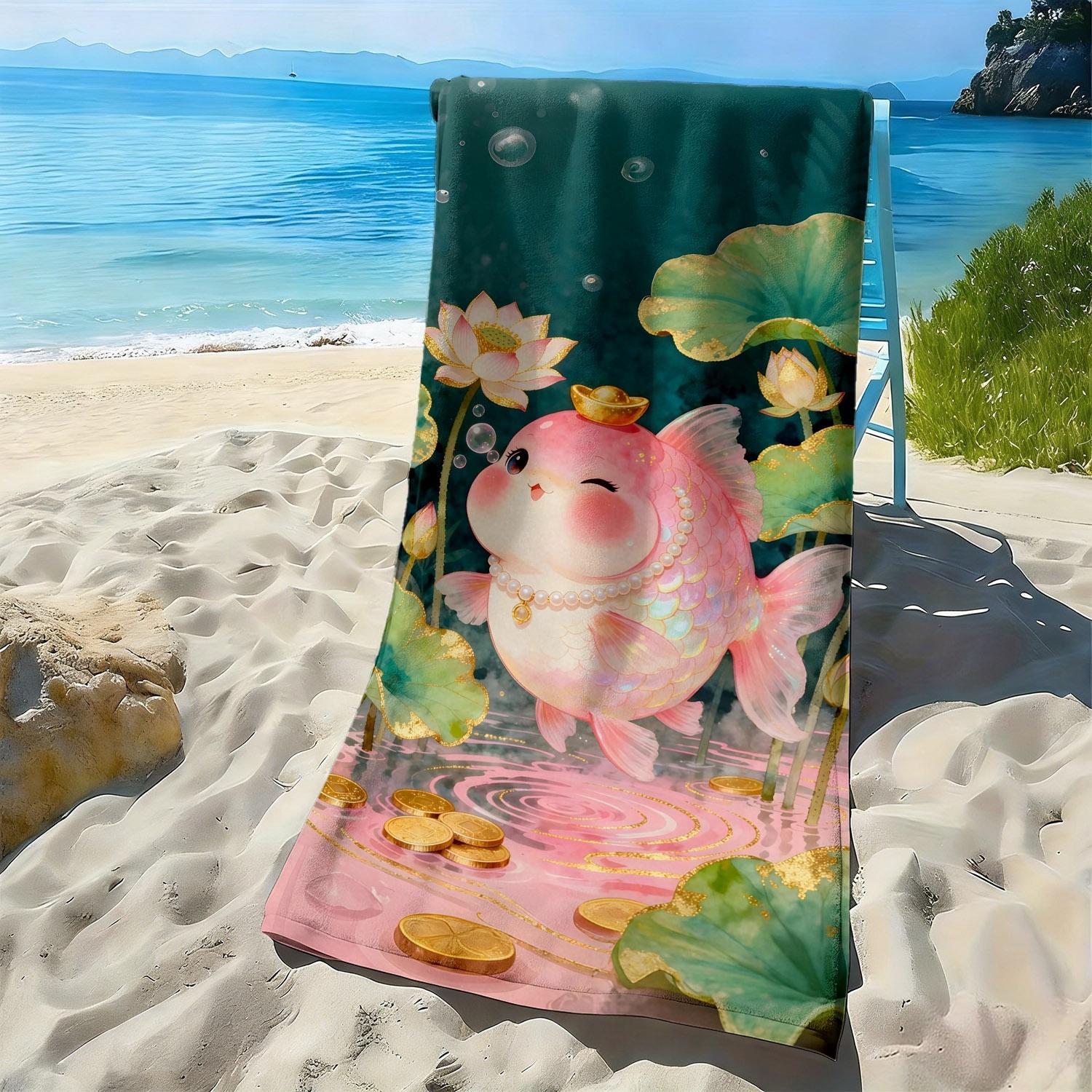 

Soft pink koi fish cartoon lotus pattern polyester microfiber beach towel is highly absorbent, suitable swimming beach outings W40*H60(CM)