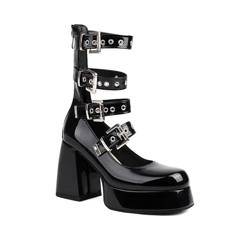 

Plus Size Four Row Metal Belt Buckle Punk Style Women s Cool Shoes Square Toe Platform Ultra-High Thick Heel Breathable Sandals 35