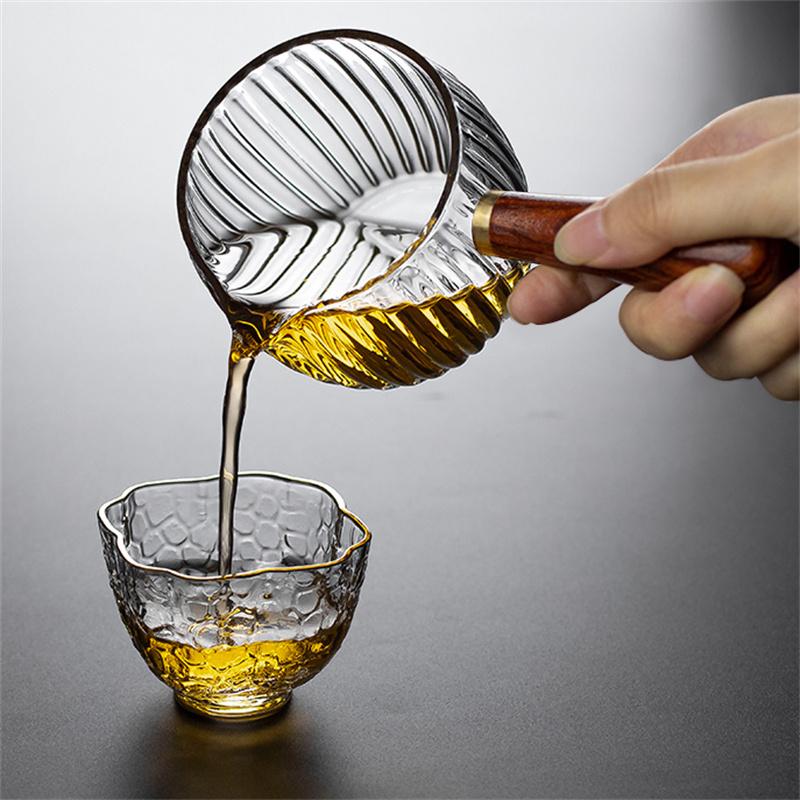 Japanese Side Wooden Handle High Borosilicate Stripe Glass Tea Dispenser Fair Cup Chahai Kung Fu Tea Ceremony Tea Set