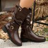 Retro Shoes, Women's Pleated Boots, Round Toe, Thick Heel, Belt Buckle, Mid-leg Pants, Tube Boots