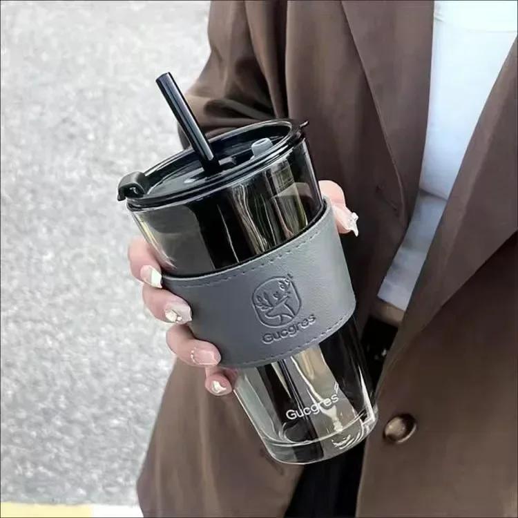 

Glass water cup with straw, high aesthetic value coffee cup with leather cover, gray deer dual drink 400ML