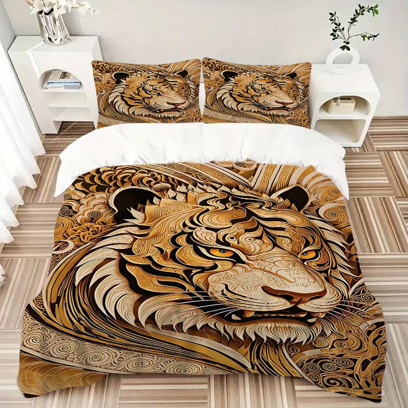 3pcs Tiger Art Print Duvet Cover Set - Machine Washable, Includes 1 Cover and 2 Pillowcases, No Core Included yy251013052