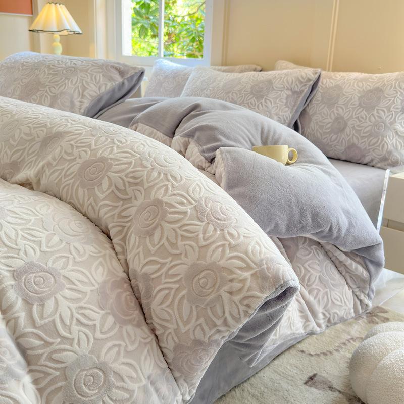 Milk Fleece Four-piece Set, Thickened Carved Fleece, Bed Sheet Quilt Cover, Bed Three-piece Set