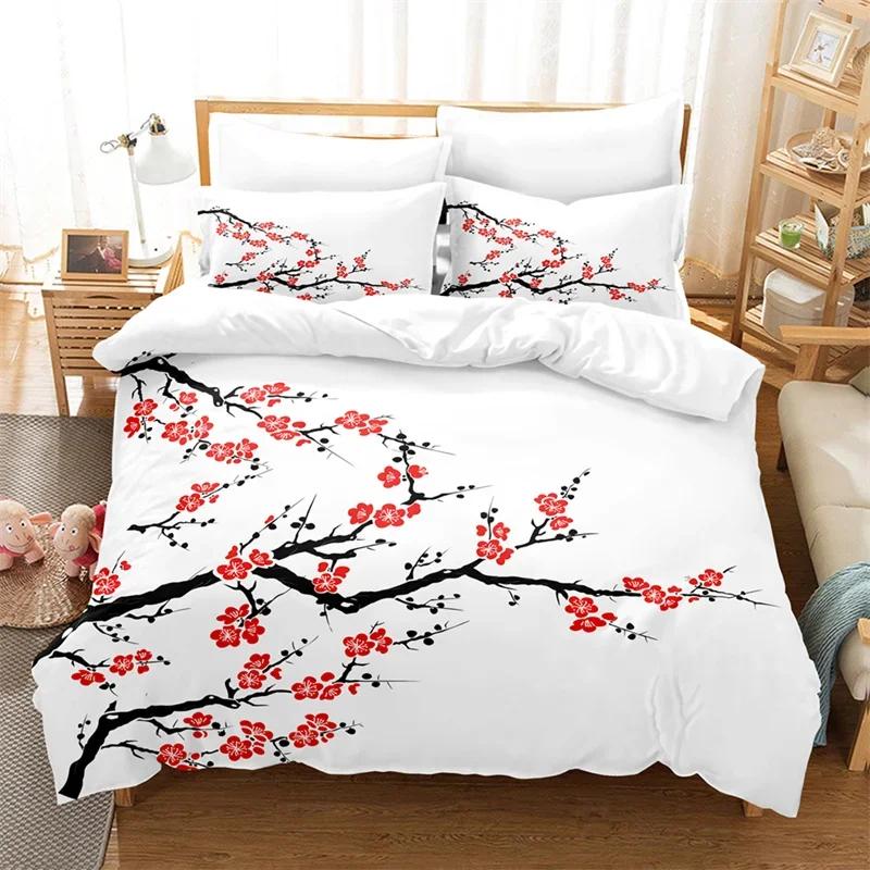 Plum Blossom Red Flower Floral Comfortable Duvet Quilt Cover Pillowcase Bedding Set Children Bedroom Decoration Home Textile