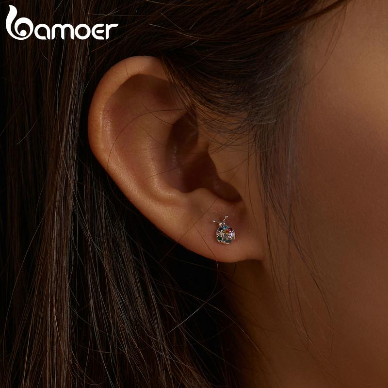 BAMOER 925 Sterling Silver kolorowy cyrkon mały chrząszcz stadniny kolczyki dla kobiet Fine Jewelry