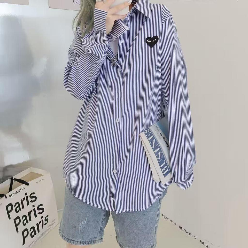 Japanese Heart Embroidered Striped Slim Fit Lapel Shirt - Versatile Long Sleeve for Spring & Autumn