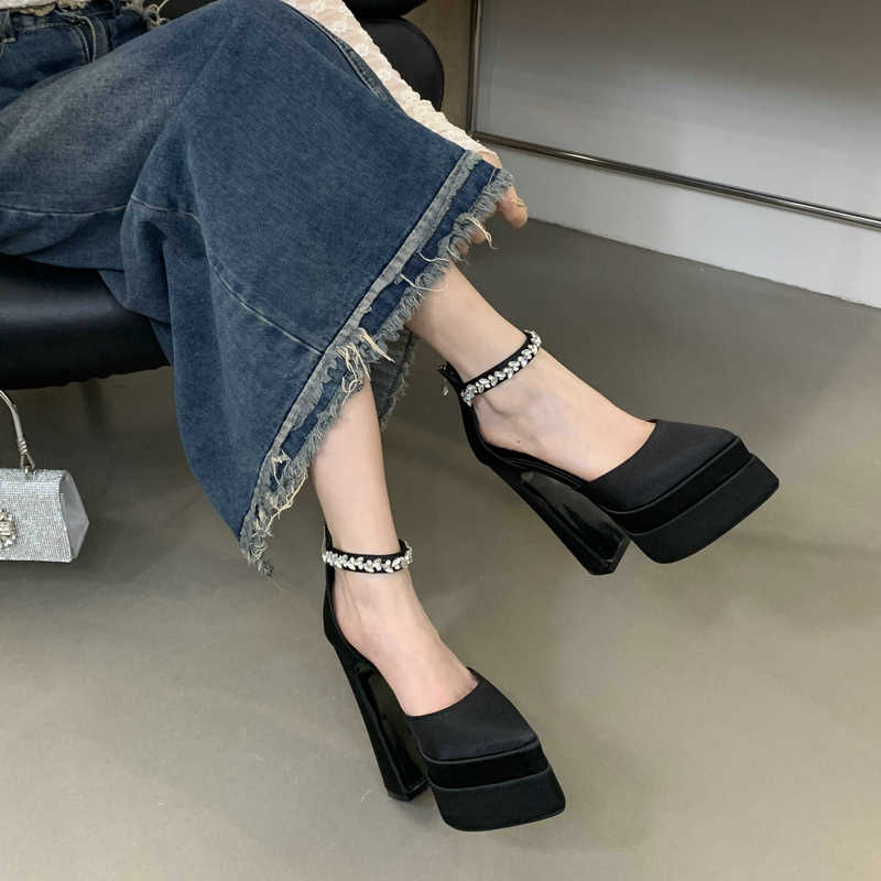 Fashion 2025 New Fashion Catwalk Show Women's Single Shoes Fashion Pumps Summer Water Platform Thick Heel Pointed Toe Satin High Heels