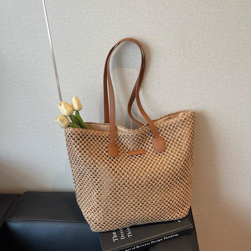 

Yogodlns Summer Fashion Large Capacity Commute Straw Woven Bag Versatile Handheld Travel Beach Bag Simple Urban Style Tote Bag 46x16x34cm хакі