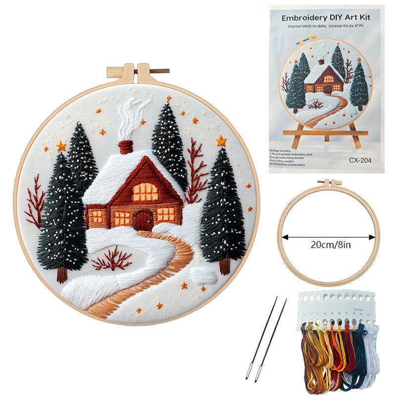 

1set Christmas Cozy Cottage Kit DIY Embroidery Materials and Tools Suitable for Beginners, Stitching Tutorial, Hand Embroidery Fabric Material Set 20cm