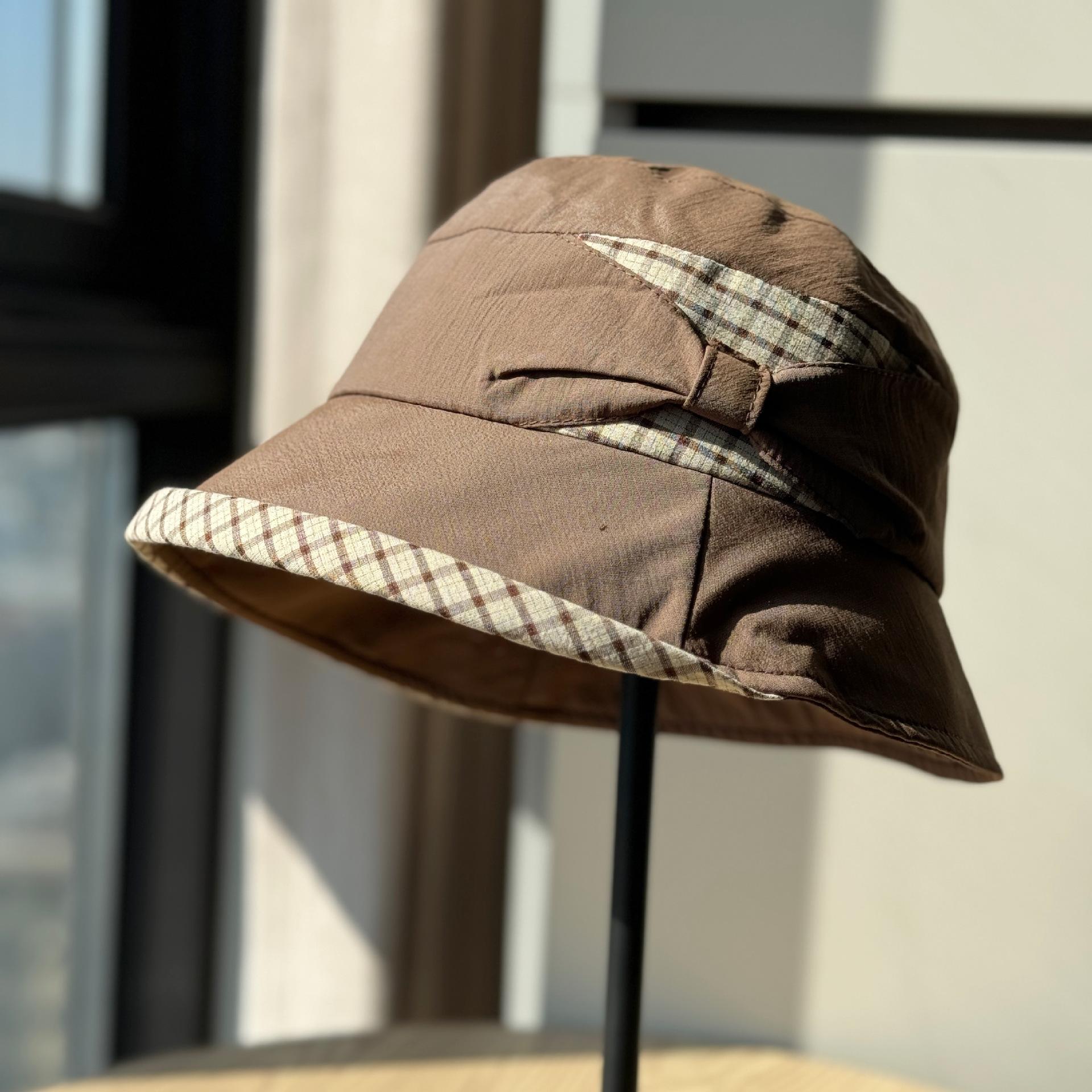 

Korean-style new casual plaid patchwork fisherman hat, makes the face look smaller, versatile bucket hat, summer sun protection hat, fisherman hat Adult54-60Adjustable коричневий