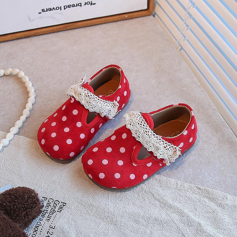 Sweet Mary Jane Polka Dot Leather Shoes - Girls' 2026 Spring/Autumn Lace-Trim Princess Loafers, Korean Style
