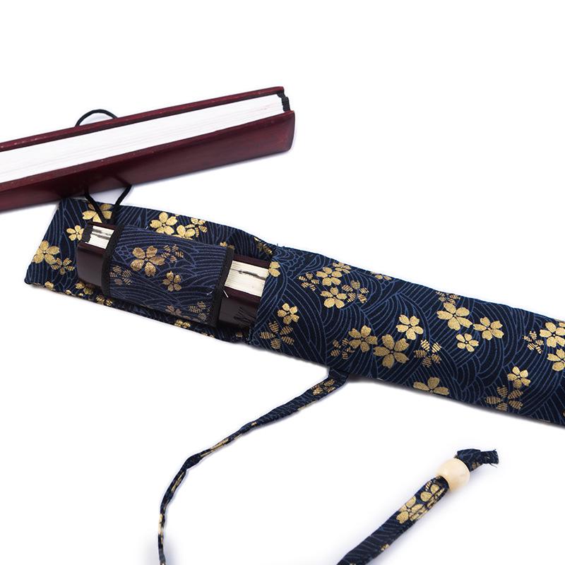 Ancient Style Cotton-Linen Folding Fan Bag with Buckle, Hot Stamped Brocade, and Protective Pendant.