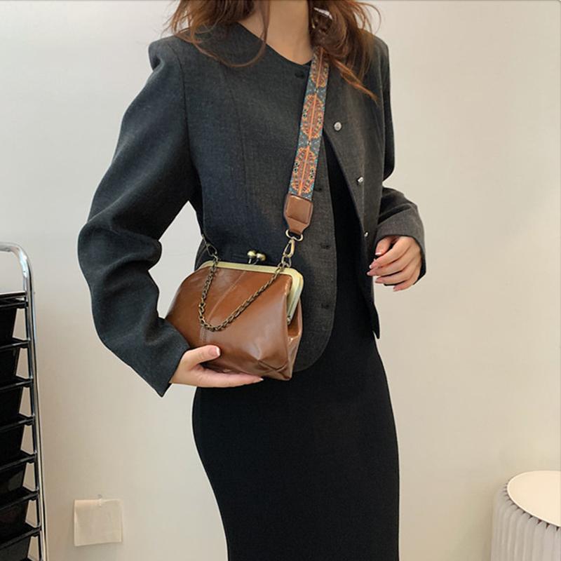 Wide Strap Vintage Fashion PU Leather Bag Women's Handbags Chain Tote Bags Women Shoulder Crossbody Messenger Bags