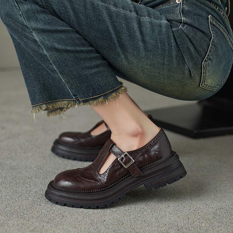 Fashion Retro Women's Brogue Leather Shoes Spring Round Head Carved Mary Jane Shoes Women Oxfords Women's Shoes Ladies Leather Female