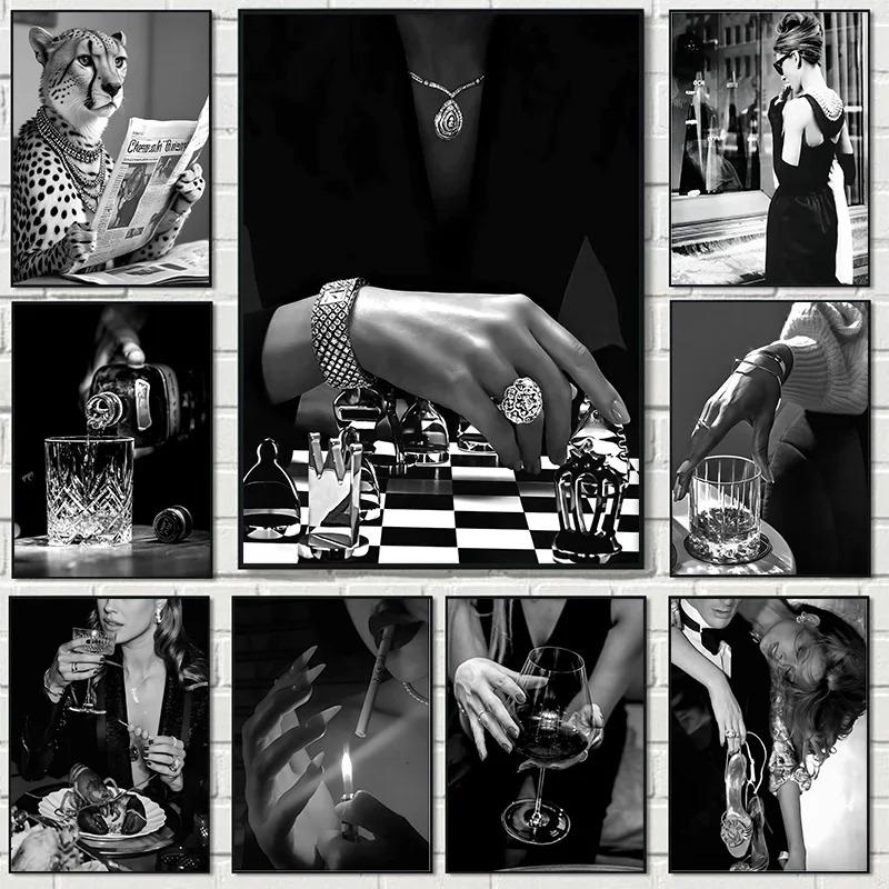 Modern Black White Fashion Women Doberman Spaniel Champagne Luxury Poster Canvas Paintings Wall Art Pictures Home Decor