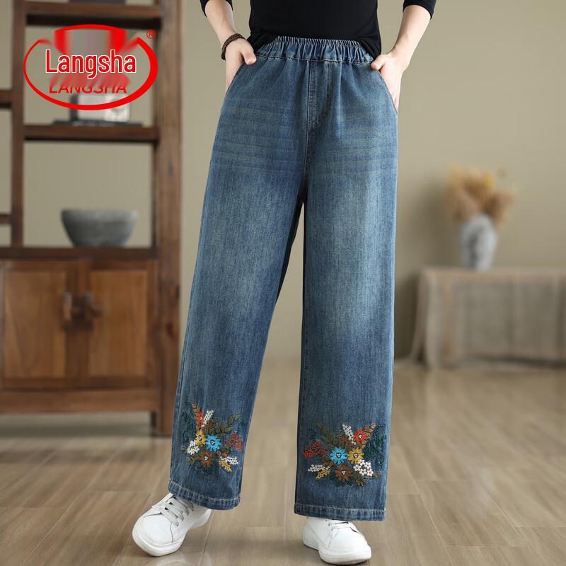 LangSha Women s Retro Embroidered Straight-Leg Jeans L