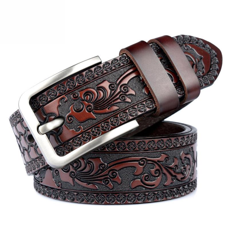 Cow Leather Embossing Belt Male Classic Vintage Pin Buckle Strap