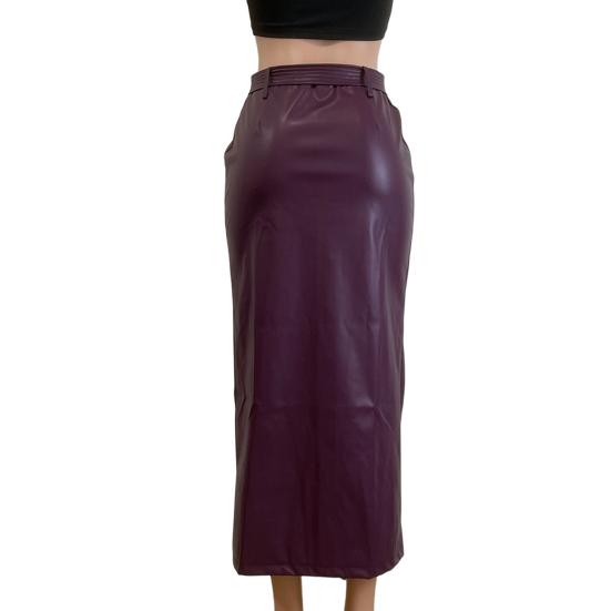 Women Skirt Faux Leather High Waisted Front Slit Hip Wrapped Skirt with Belt Buttons Closure Commuting Street Skirt