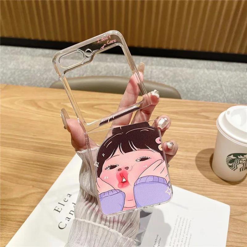 Touching Face And Pouting Mouth Girl Phone Case For Samsung Galaxy Z Flip 6 5 4 Transparent Hard Cover For Z Flip 3 Clear Fundas