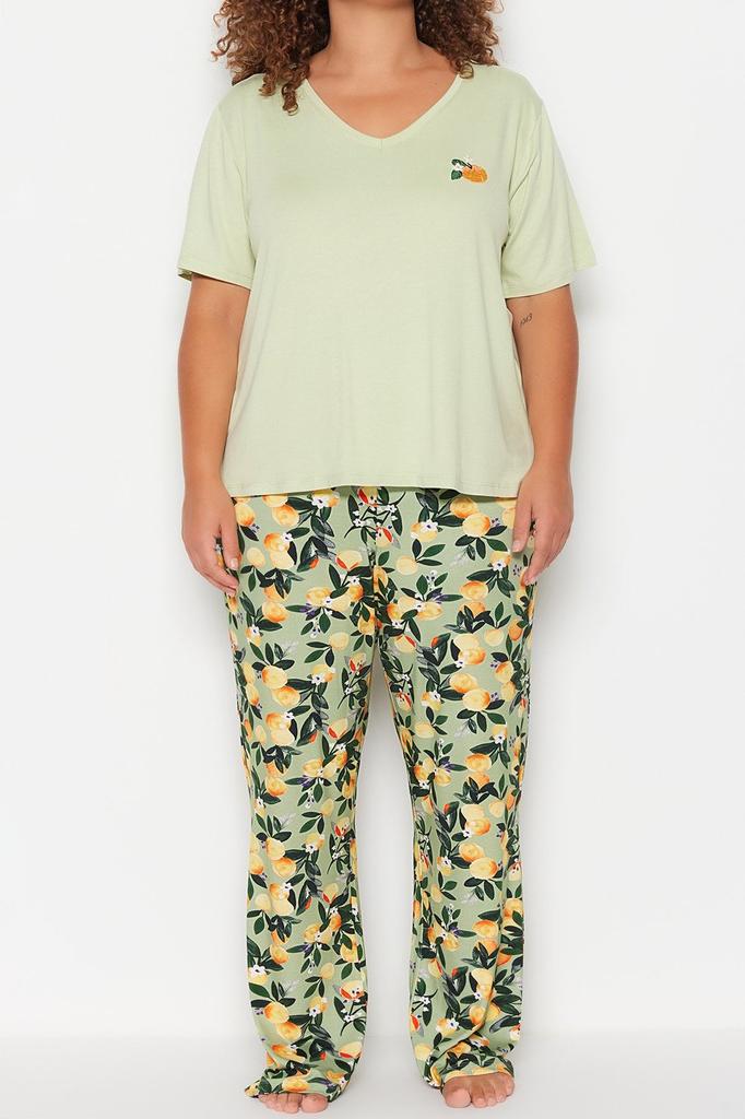 Women's Style Plus Size Mint Printed Knitted Pajama Set