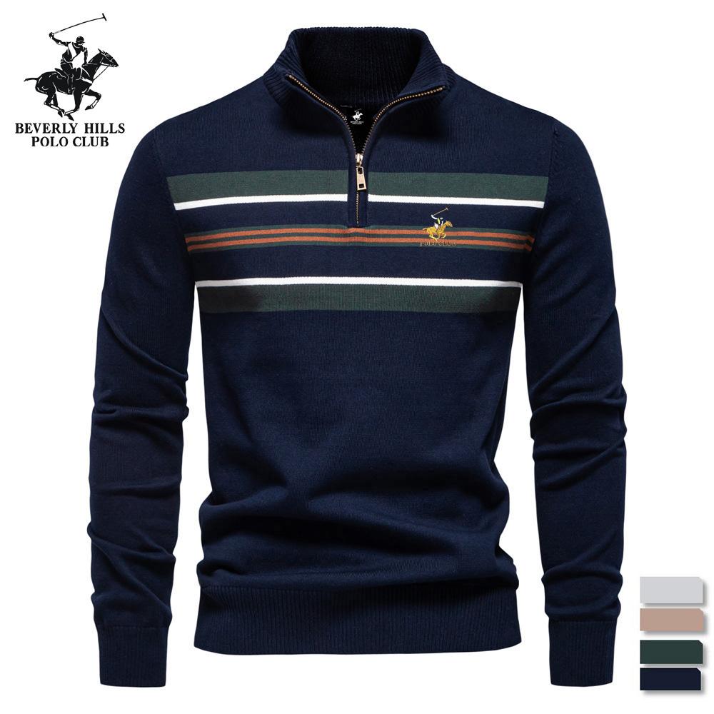 

POLO CLUB Autumn/Winter Pony Embroidered New Large Men s Sweater Half Zipper Knitted Sweater Casual Striped Men s Top XXL