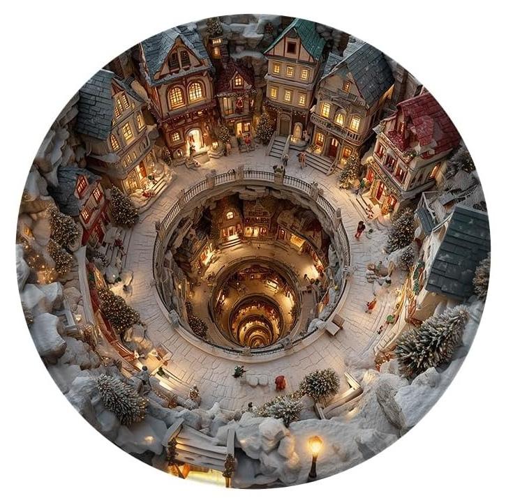 Tapis rond rond avec trou, village de neige en spirale 3D, décoration de rues enneigées d'hiver, tapis de style conte de fées rêveur pour salon, chambre à coucher