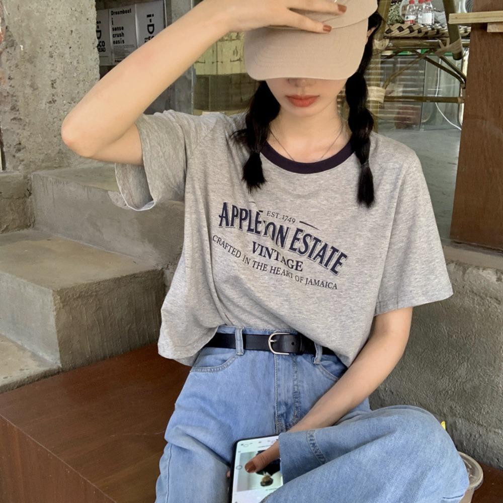 

American contrasting color round neck short-sleeved t-shirt women s casual contrasting color summer letter printing loose short retro top ins XL