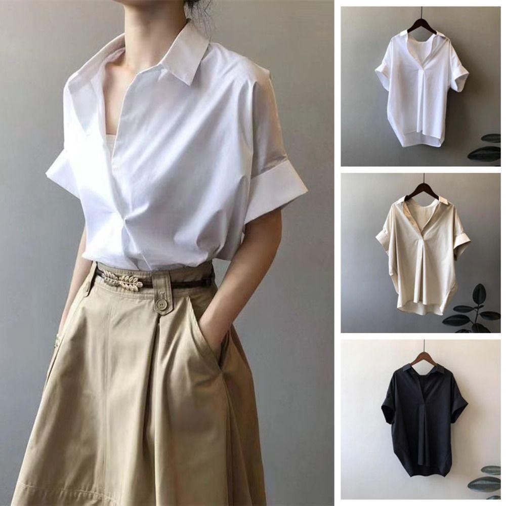 Crop Top Flip Collar T-shirt V-neck Basic Tees Shirts Women Fashion Short Sleeve Blouse Holiday