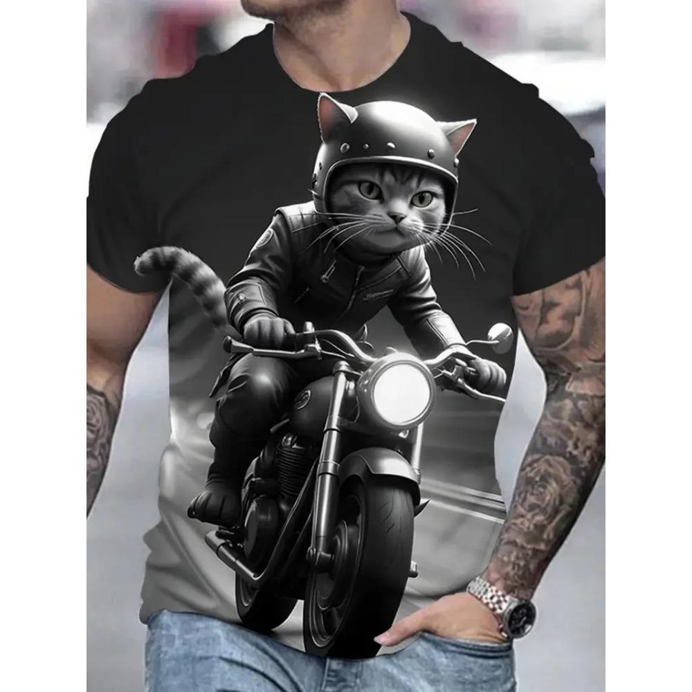 Summer Round Neck 3D Print Funny Cat Pattern Top Fashionable Casual Short Sleeved Men's T-shirts